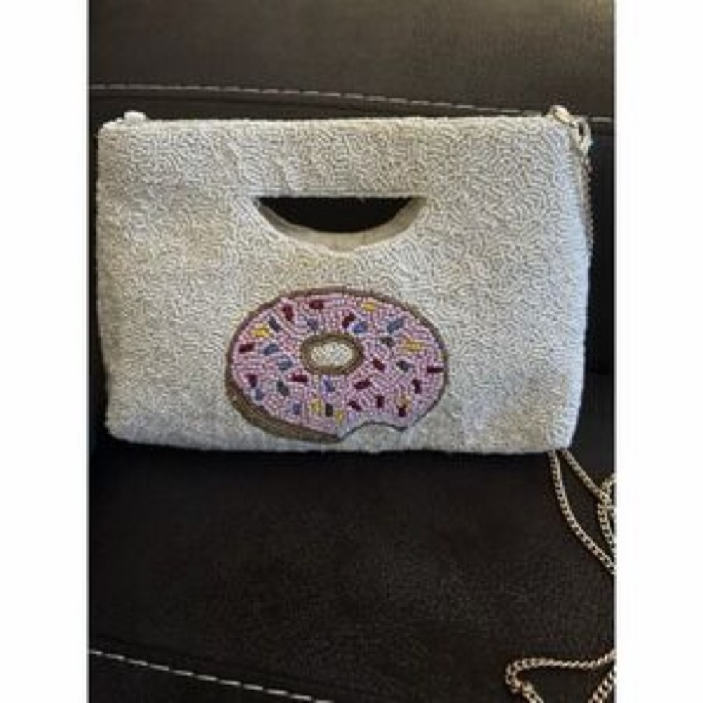 Rachel ZOE Cream Beaded Donut Shoulder Bag‎ or Cutch with Chain Strap NWOT